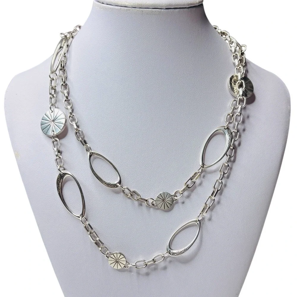 New BRIGHTON Orbit Silver Etched Disc Eliptical Link Long Necklace